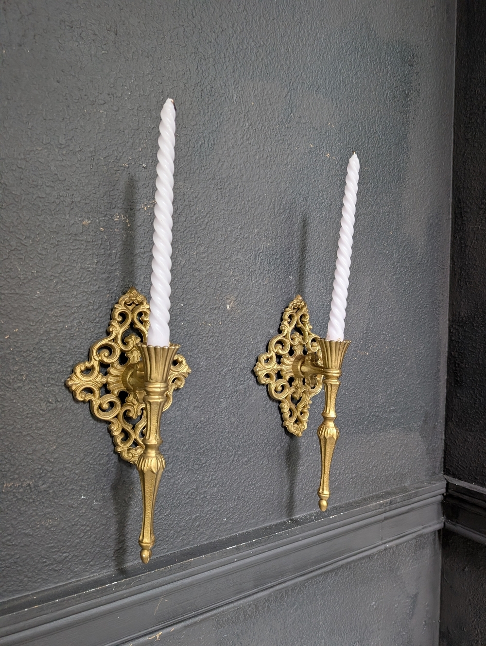 Vintage, Set of 2, Gold Ornate Cast Metal Candle Holders Sconces 11"